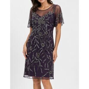 Pisarro Nights Sequin Beaded Dress Floral Short Sleeve Formal Black Tie Mini NWT